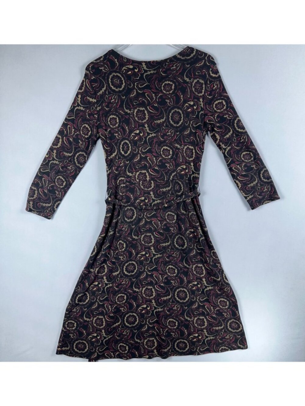 Ann Taylor Loft Wrap Dress Size 8 Floral Print Black Burgundy 3/4 Sleeve Tie Wai - Picture 3 of 11